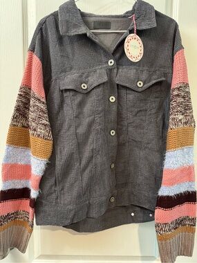 Umgee Charcoal Corduroy Jacket with Multicolor Knit Stripe Sleeves